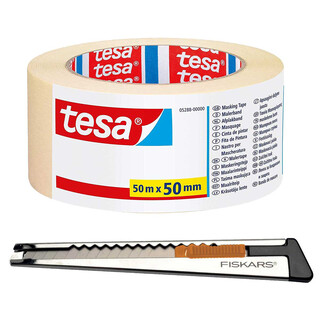 tesa Malerband Maler-Krepp für Innen & Außen - Innen, Universal 50 mm 1 Rolle & 1 Cutter