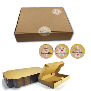 25 kleine Versandkartons mit 50 Weihnachtsaufkleber FROHE WEIHNACHTEN Maxibrief Geschenkbox 225x145x35 mm