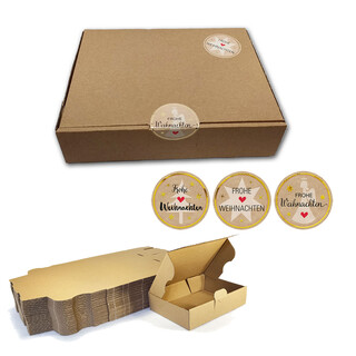 25 kleine Versandkartons mit 50 Weihnachtsaufkleber FROHE WEIHNACHTEN Maxibrief Geschenkbox 180x130x45 mm