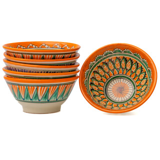 6 Keramikschalen 750 ml Kosa Ø 18 cm Orange-Muster - Traditionelle Usbekische Keramikschüsseln mit handbemaltem Design