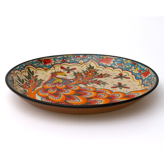 Lagan Rishtan Servierteller Keramikteller groß Ø 37 cm Kusch-Feuervogel - Usbekische Servierplatte mit handbemaltem Design