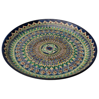 Lagan Rishtan Servierteller Keramik groß Ø 45,5 cm Machrob Blau - Usbekischer Keramikteller mit handbemaltem Design