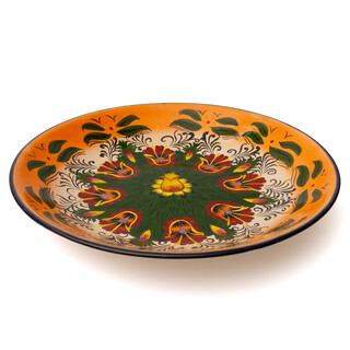 Lagan Rishtan Servierteller Keramik groß Ø 42 cm Blumenmuster (orange) - Usbekischer Keramikteller mit handbemaltem Design