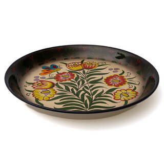 Lagan Rishtan Servierteller Keramik groß Ø 40 cm Blumenmuster (schwarzer Rand) - Usbekischer Keramikteller mit handbemaltem Design