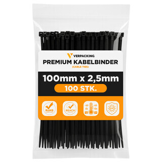 Premium Kabelbinder Schwarz 100 x 2,5 mm [Farbe, Gr��e & Menge w�hlbar] UV-best�ndig hohe Zugfestigkeit - 300 St�ck