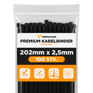 Premium Kabelbinder Schwarz 200 x 2,5 mm [Farbe, Gr��e & Menge w�hlbar] UV-best�ndig hohe Zugfestigkeit - 200 St�ck