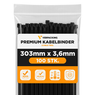 Premium Kabelbinder Schwarz 300 x 3,6 mm [Farbe, Gr��e & Menge w�hlbar] UV-best�ndig hohe Zugfestigkeit - 100 St�ck