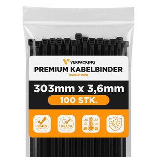 Premium Kabelbinder Schwarz 300 x 3,6 mm [Farbe, Gr��e & Menge w�hlbar] UV-best�ndig hohe Zugfestigkeit - 1000 St�ck