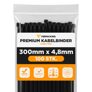 Premium Kabelbinder Schwarz 300 x 4,8 mm [Farbe, Gr��e & Menge w�hlbar] UV-best�ndig hohe Zugfestigkeit - 300 St�ck