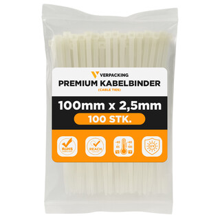 Premium Kabelbinder Natur 100 x 2,5 mm [Farbe, Gr��e & Menge w�hlbar] UV-best�ndig hohe Zugfestigkeit - 100 St�ck