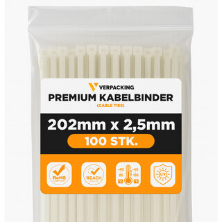 Premium Kabelbinder Natur 200 x 2,5 mm [Farbe, Gr��e & Menge w�hlbar] UV-best�ndig hohe Zugfestigkeit - 100 St�ck
