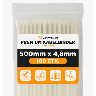 Premium Kabelbinder Natur 530 x 4,8 mm [Farbe, Gr��e & Menge w�hlbar] UV-best�ndig hohe Zugfestigkeit - 200 St�ck