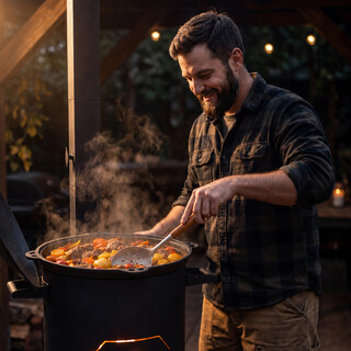 FlameFusion Schauml�ffel f�r die Outdoork�che - handgefertigt aus Edelstahl mit Echtholzgriff, f�r Gerichte aus Kazan & Wok, 46,5 cm mit Aufh�ngring
