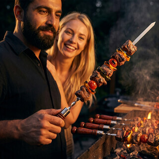 FlameFusion Schaschlikspie�e [Menge w�hlbar] Flachspie�e aus Edelstahl mit Echtholzgriff - f�r Mangal, Grill & Lagerfeuer handgefertigt